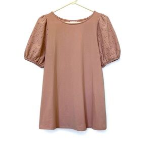 2/$30 Isabel Maternity Pink Eyelet Puffed Sleeve Blouse Top SZ M